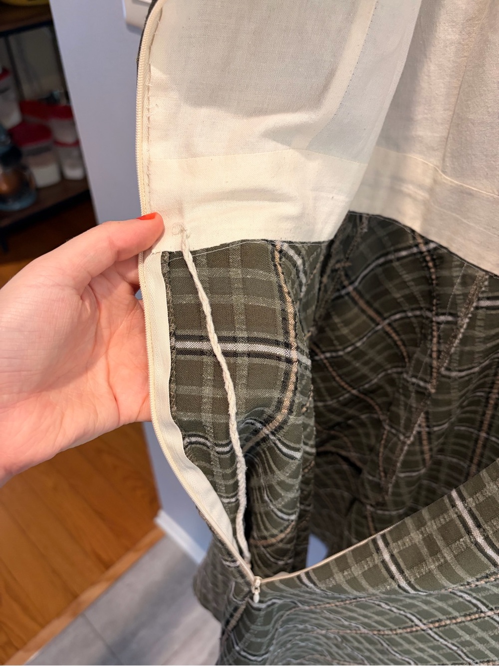 Handmade Cotton Plaid Olive Green Square-Neck A-Line Skater Dress - Picture 6 of 7